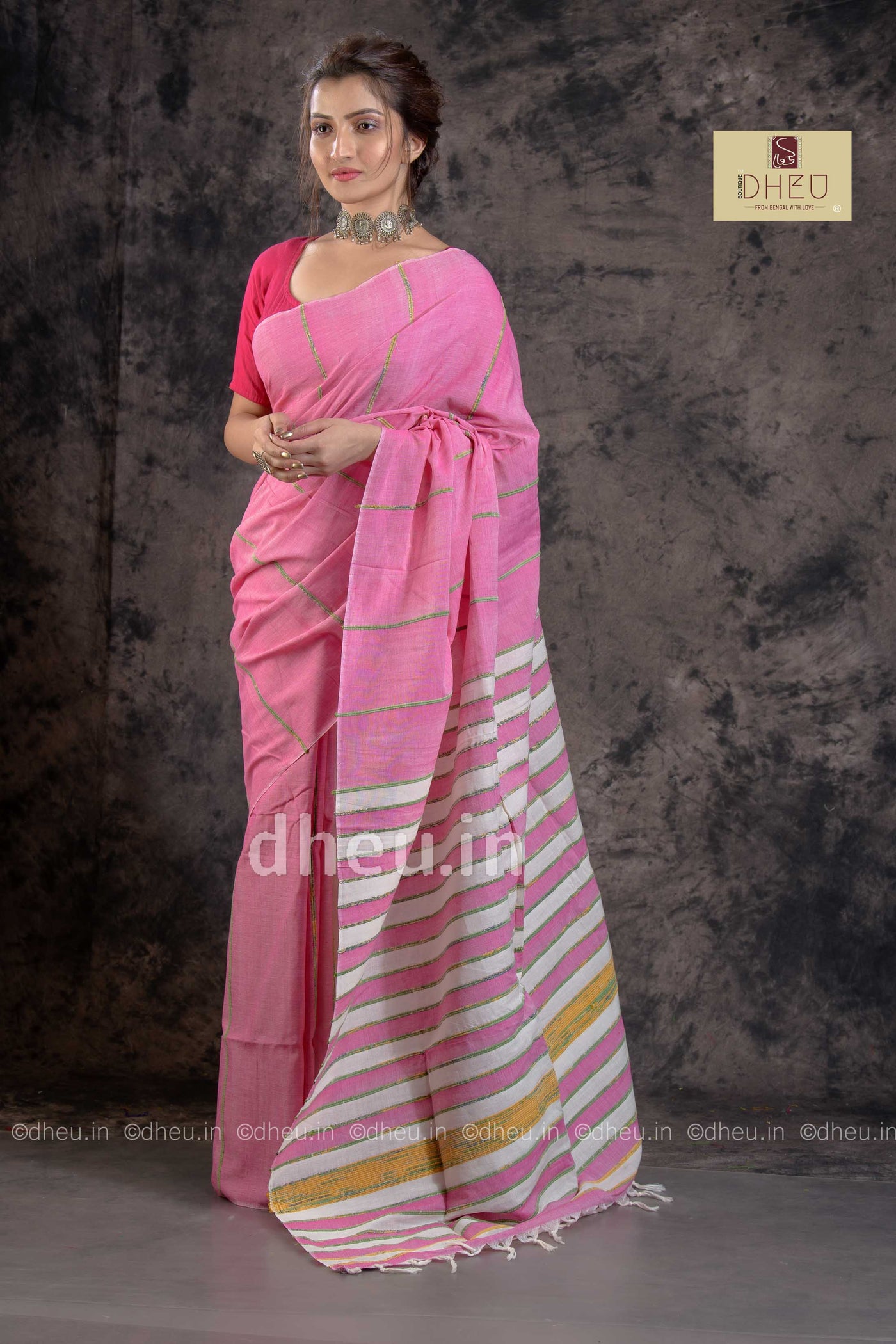 Pinky Pink-Handloom Pure Cotton Saree-Kurta Couple Set - Boutique Dheu