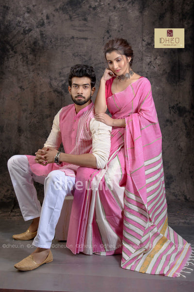 Pinky Pink-Handloom Pure Cotton Saree-Kurta Couple Set - Boutique Dheu