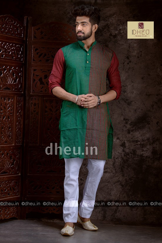 Green-Maroon- Handloom Pure Cotton Saree-Kurta Couple Set - Boutique Dheu