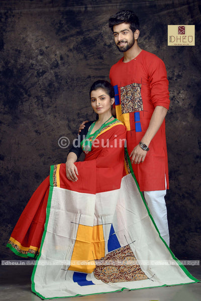 Red Couple-Handloom Pure Cotton Saree-Kurta Couple Set - Boutique Dheu