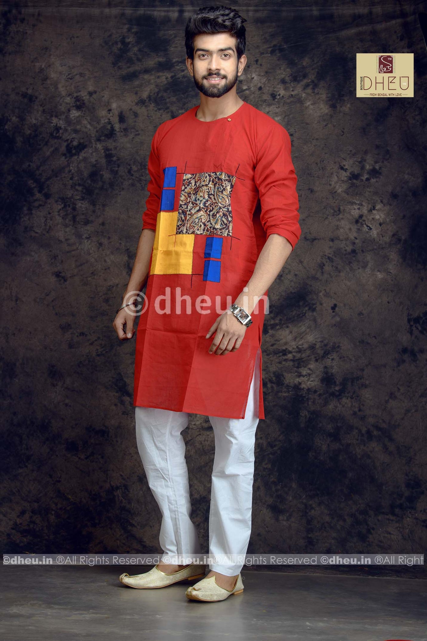 Red Couple-Handloom Pure Cotton Saree-Kurta Couple Set - Boutique Dheu