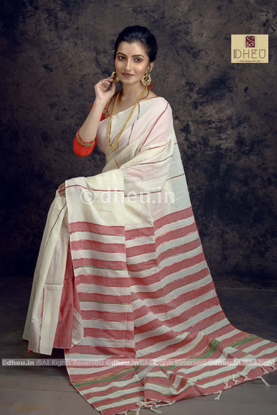 Wow White-Handloom Pure Cotton Saree-Kurta Couple Set - Boutique Dheu