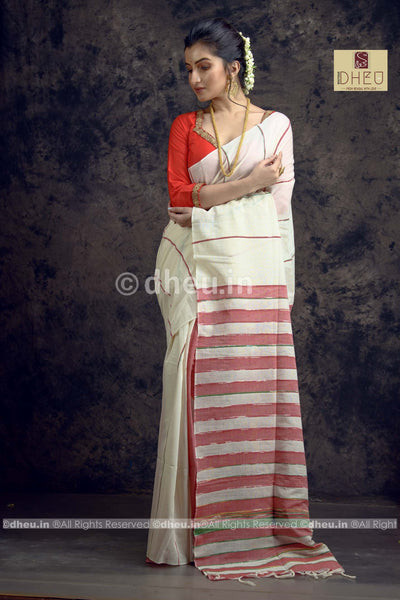 Wow White-Handloom Pure Cotton Saree-Kurta Couple Set - Boutique Dheu