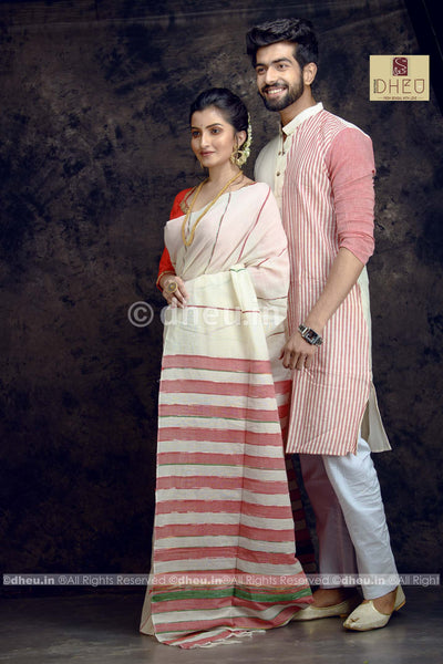 Wow White-Handloom Pure Cotton Saree-Kurta Couple Set - Boutique Dheu