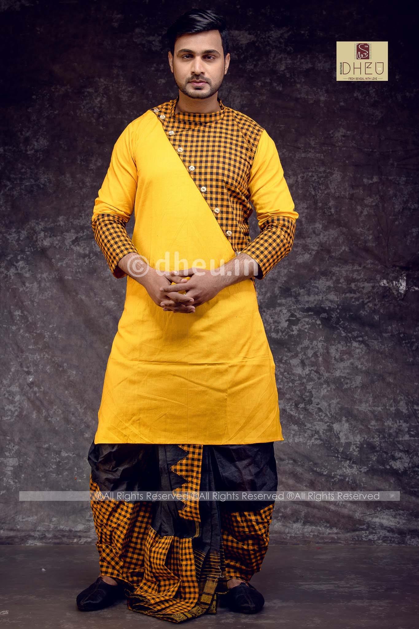 Vibrant yellow kurta with black ready to wear dhoti from dheu.in