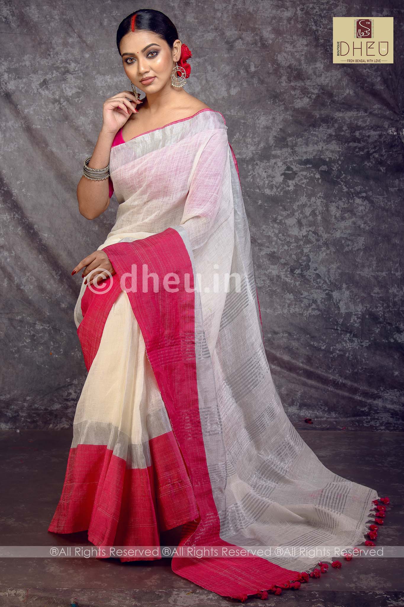 Rani-White Mahapar - Linen Saree - Boutique Dheu