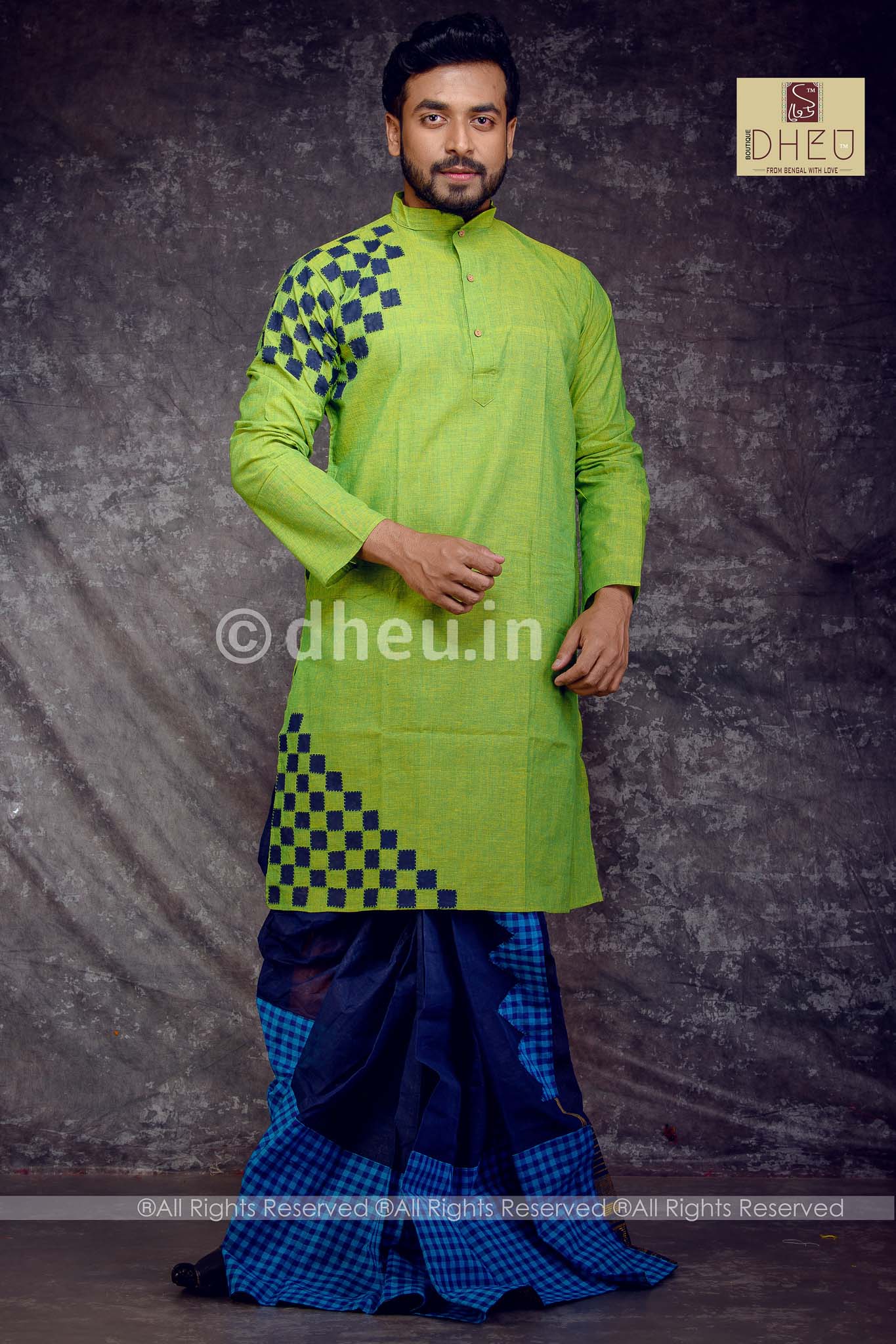 Sophisticate green kurta with blue designer dhoti from dheu.in