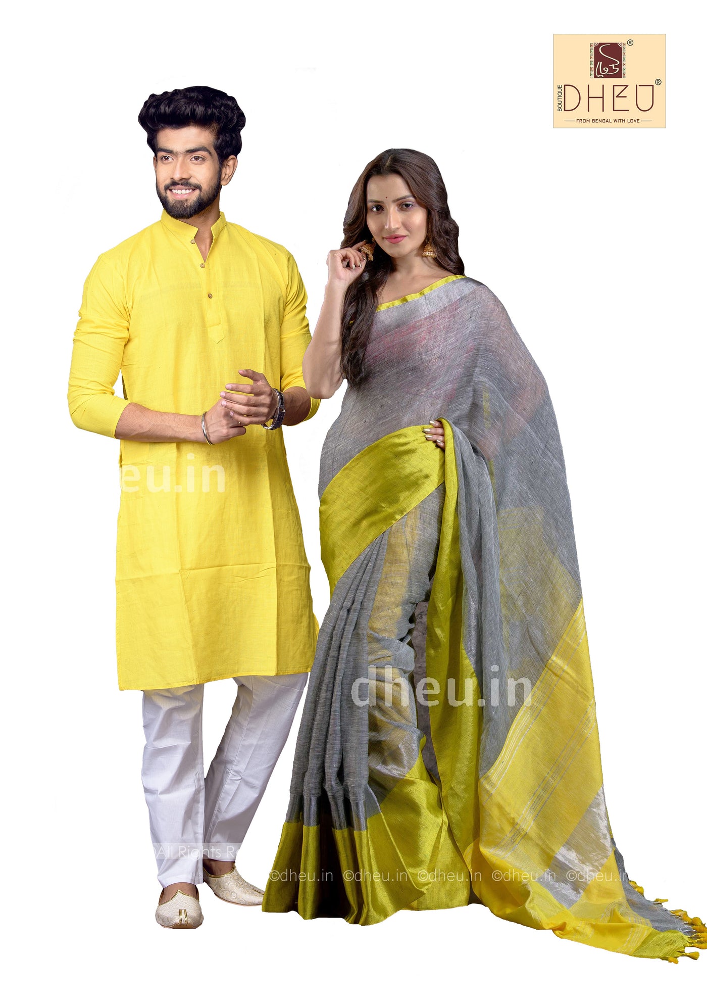 Yellow-Grey Linen Saree-Kurta Couple Set