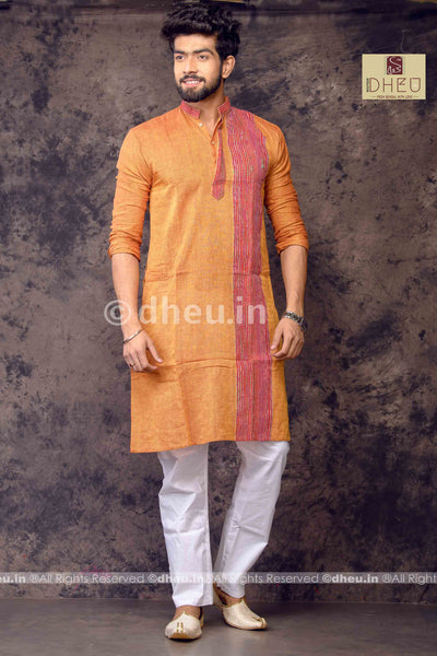 Orange Pure Cotton kurta with Khes Border - Boutique Dheu