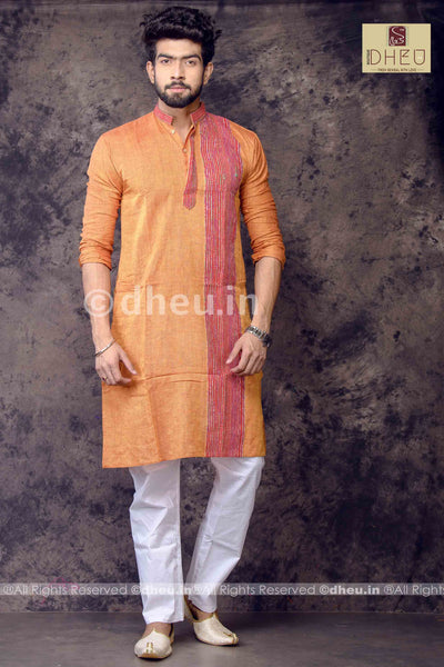 Orange Pure Cotton kurta with Khes Border - Boutique Dheu
