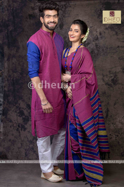 Magical Magenta- Handloom Pure Cotton Saree-Kurta Couple Set - Boutique Dheu