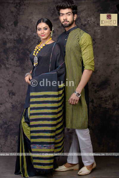 Black Magic- Handloom Pure Cotton Saree-Kurta Couple Set - Boutique Dheu