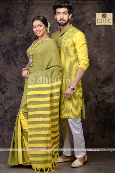 Moss Green-Handloom Pure Cotton Saree-Kurta Couple Set - Boutique Dheu