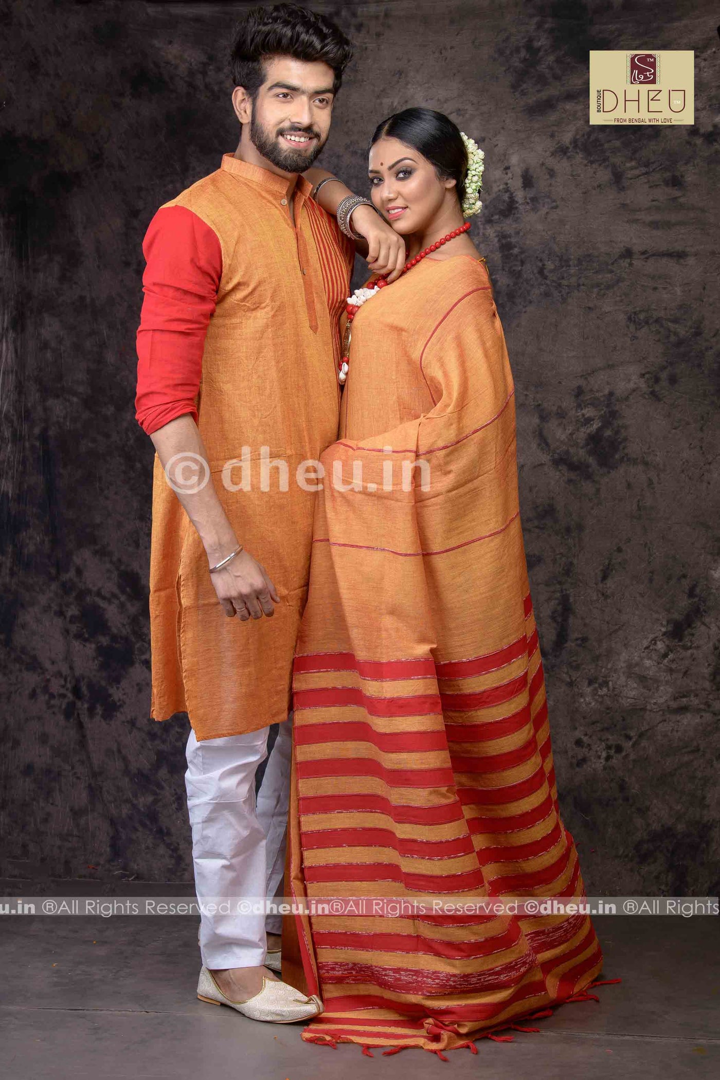 Orange love - Handloom Pure Cotton Saree-Kurta Couple Set - Boutique Dheu