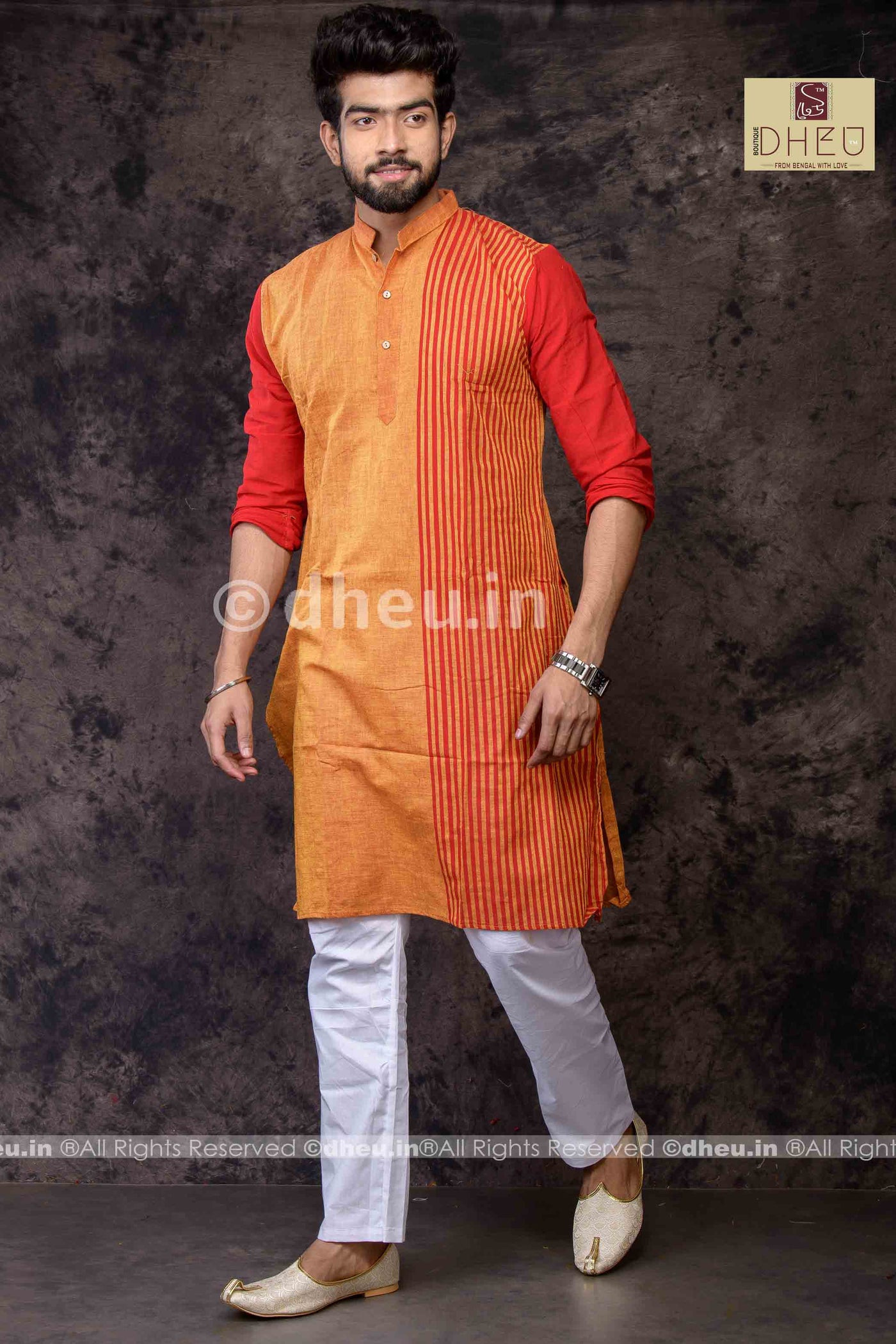 Orange love - Handloom Pure Cotton Saree-Kurta Couple Set - Boutique Dheu