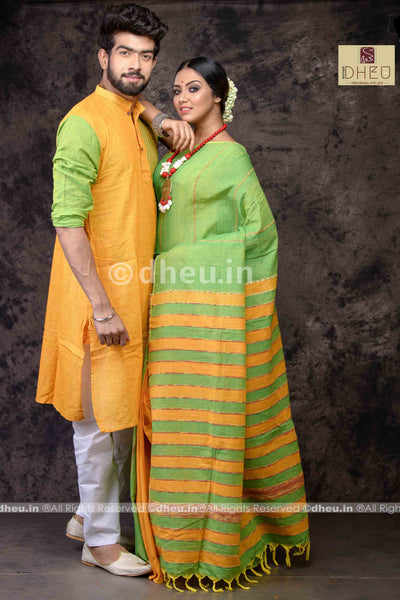 Yellow-Green- Handloom Pure Cotton Saree-Kurta Couple Set - Boutique Dheu