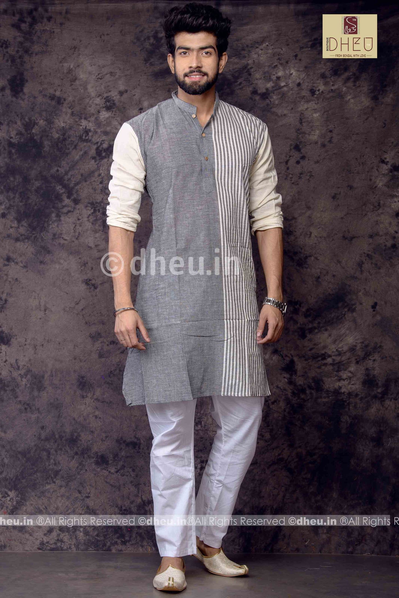 Gizmo Grey- Handloom Pure Cotton Saree-Kurta Couple Set - Boutique Dheu