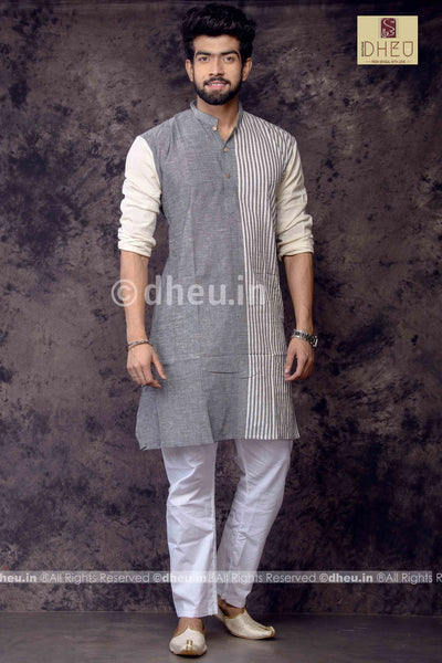 Gizmo Grey- Handloom Pure Cotton Saree-Kurta Couple Set - Boutique Dheu