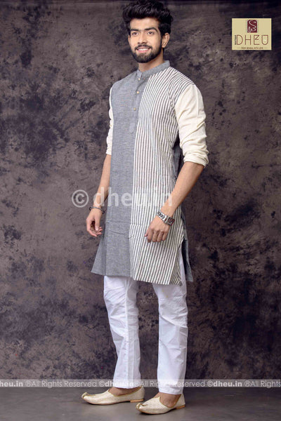 Gizmo Grey- Handloom Pure Cotton Saree-Kurta Couple Set - Boutique Dheu