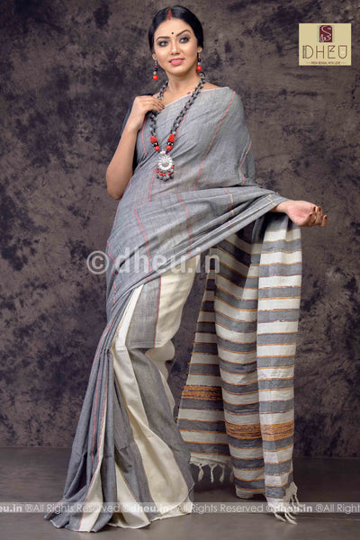 Gizmo Grey- Handloom Pure Cotton Saree-Kurta Couple Set - Boutique Dheu