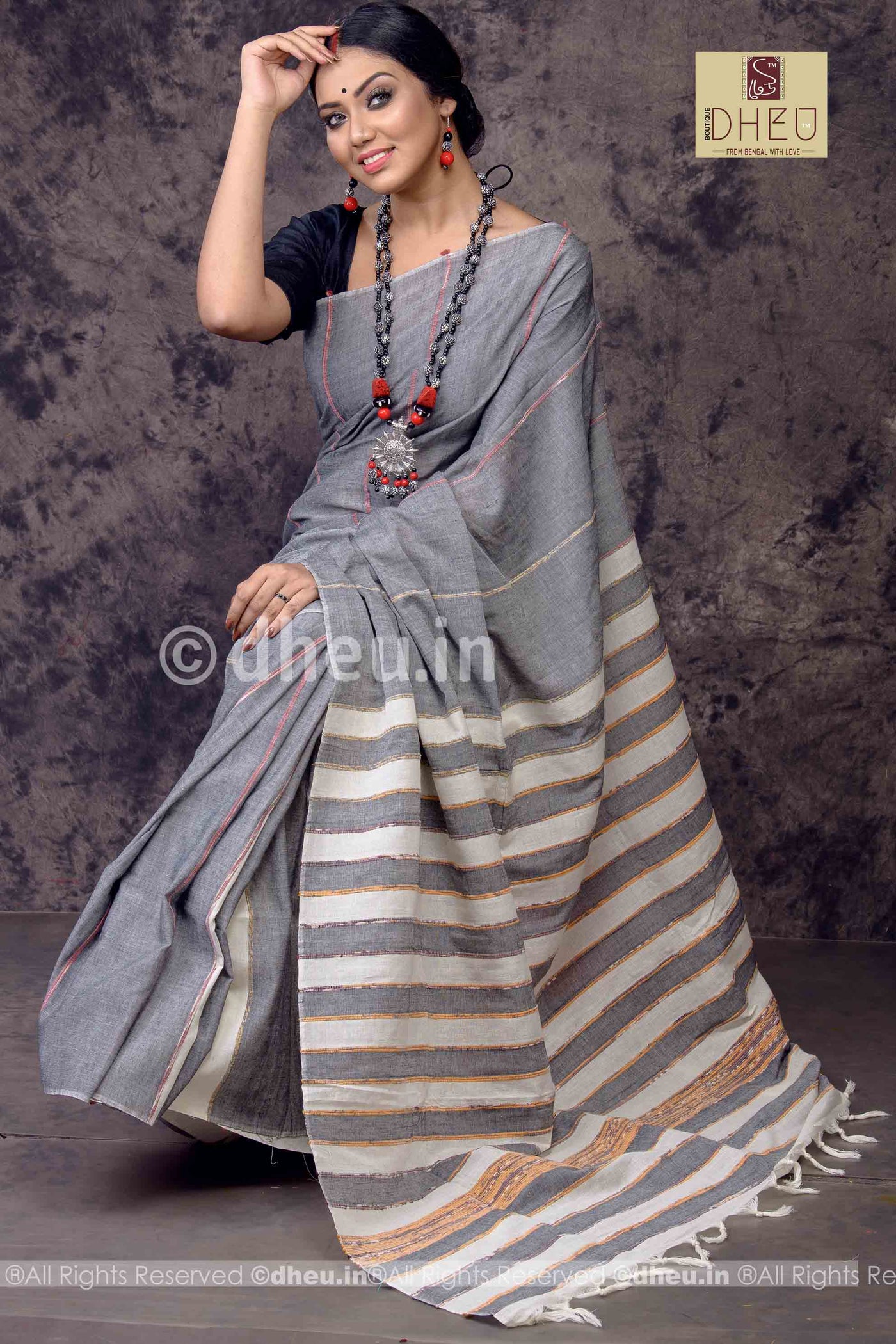 Gizmo Grey- Handloom Pure Cotton Saree-Kurta Couple Set - Boutique Dheu