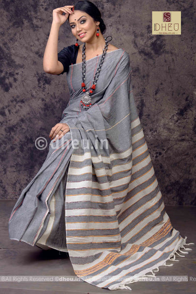 Gizmo Grey- Handloom Pure Cotton Saree-Kurta Couple Set - Boutique Dheu