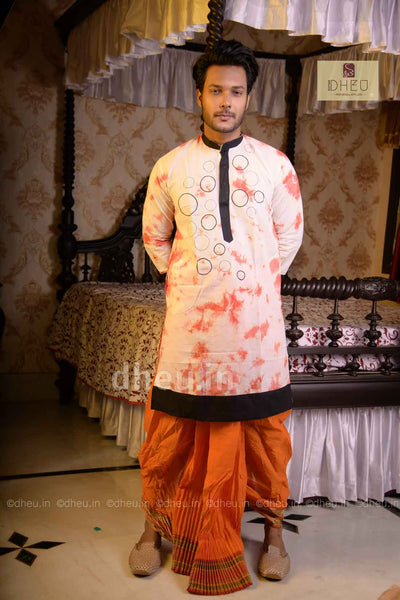 Classic orange and off white kurta & rust orange dhoti is perfect to buy from dheu.in
