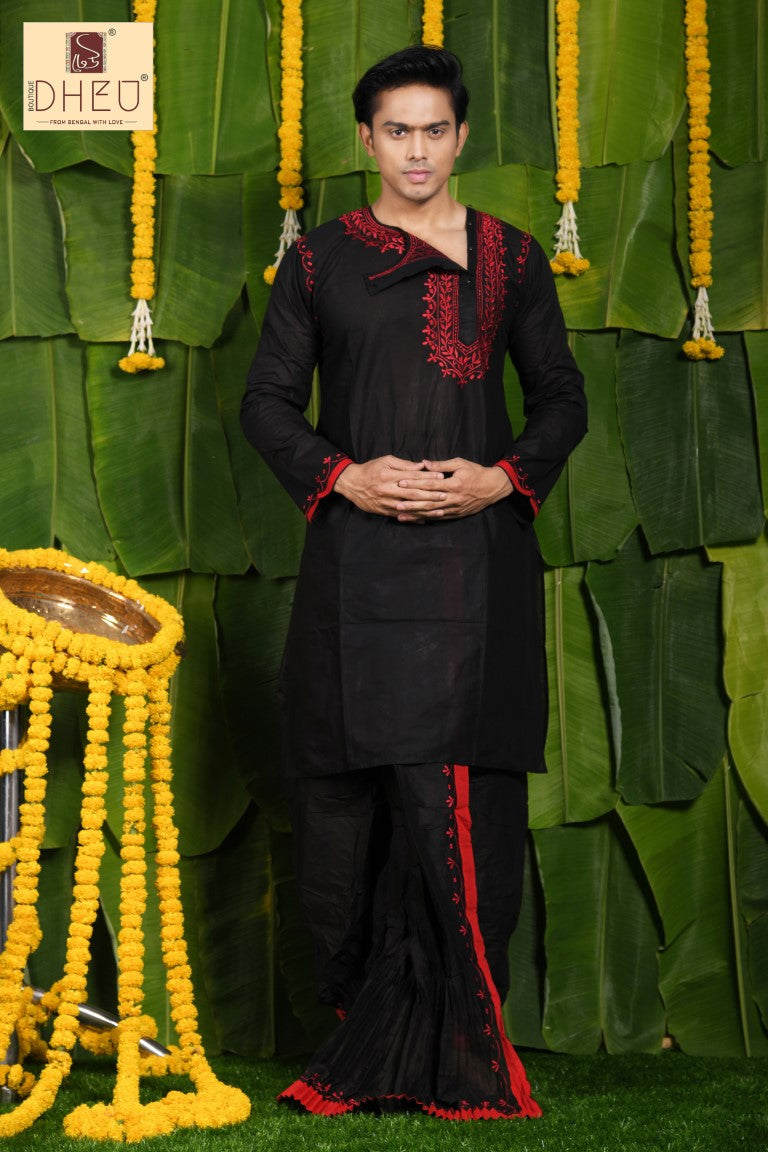 Elegant red and black kurta with designer dhoti only at dheu.in