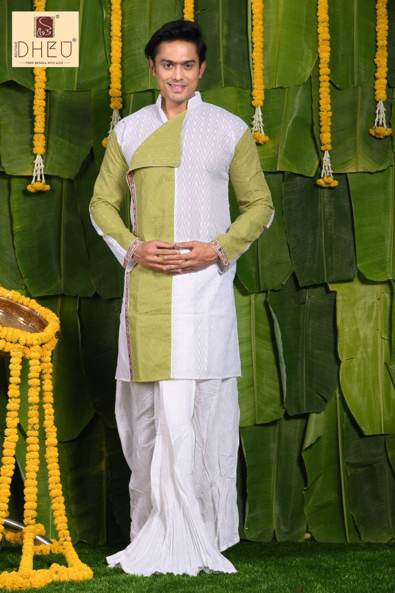 Elegant white & green kurta with white ready to wear dhoti from dheu.in