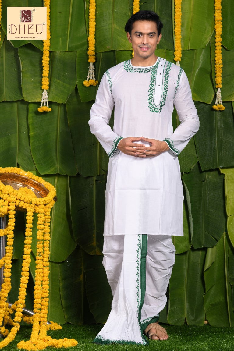 Elegant white kurta with green border and white dhoti ready to wear dhoti from dheu.in