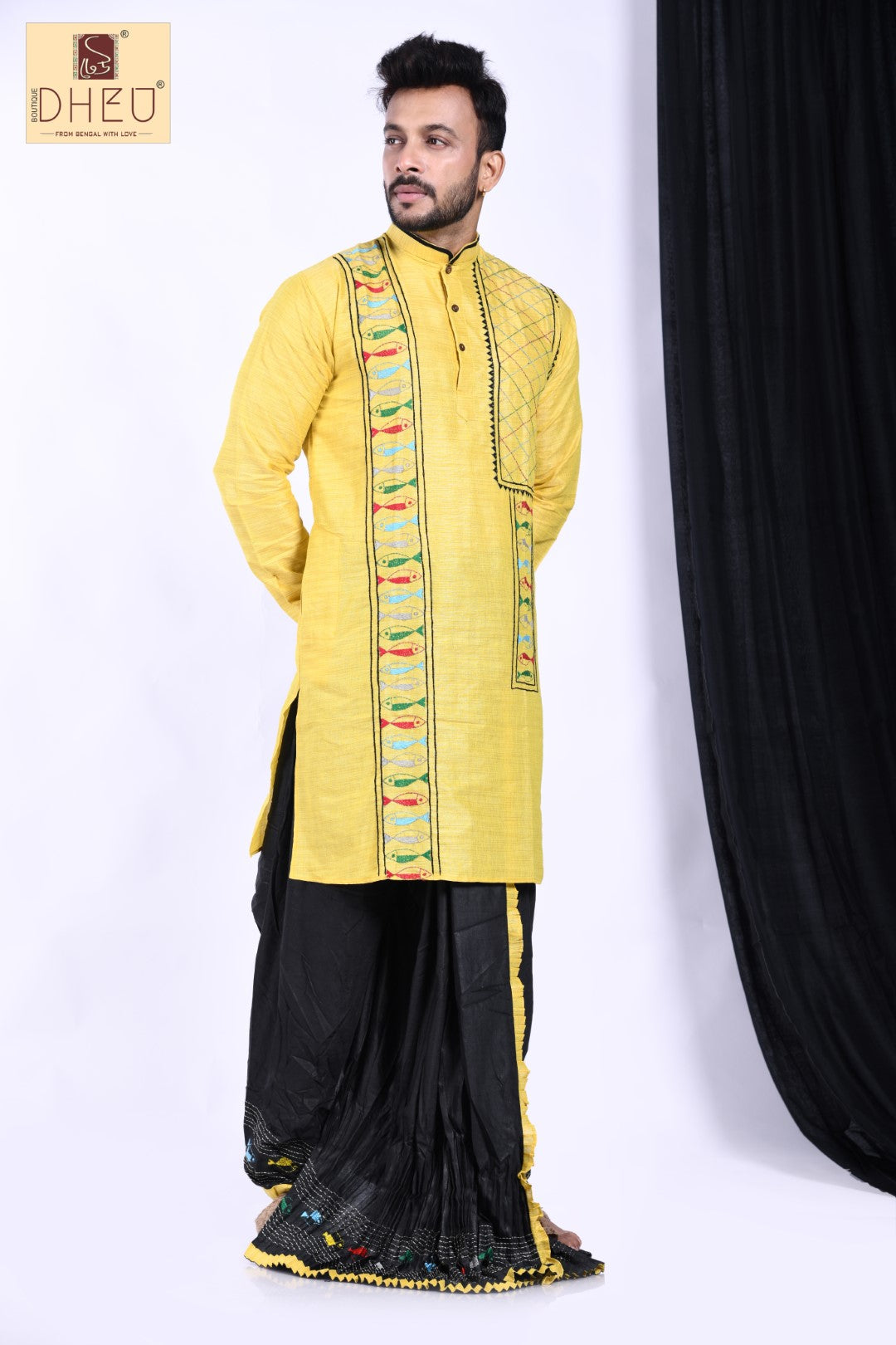 Sophisticate yellow kurta with designer  black dhoti only at dheu.in