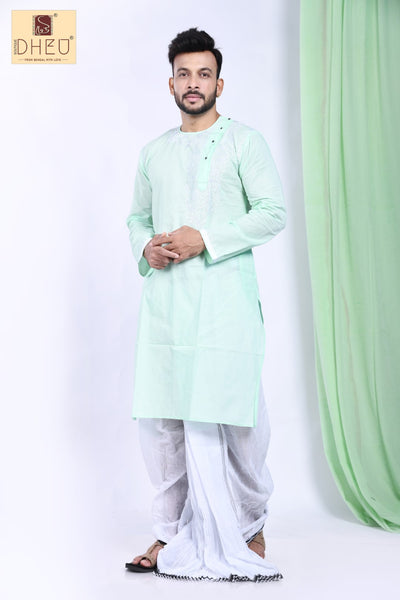 Perfect light pista green kurta with white ready to wear dhoti from dheu.in