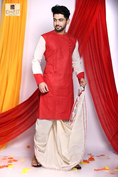 Sophisticate red & white kurta with white designer dhoti from dheu.in