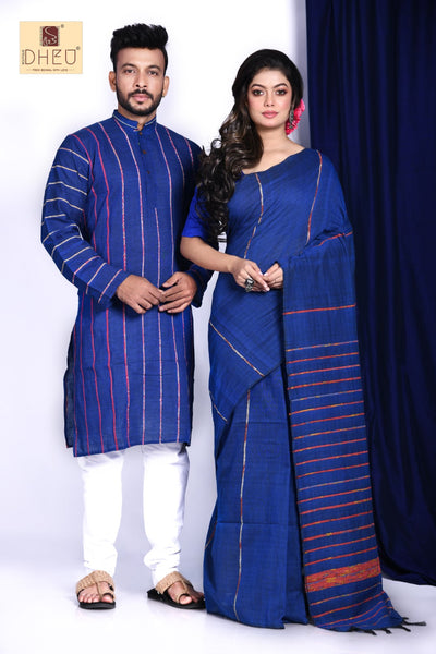 Periwinkle Blue- Khadi kurta-Saree Couple Set