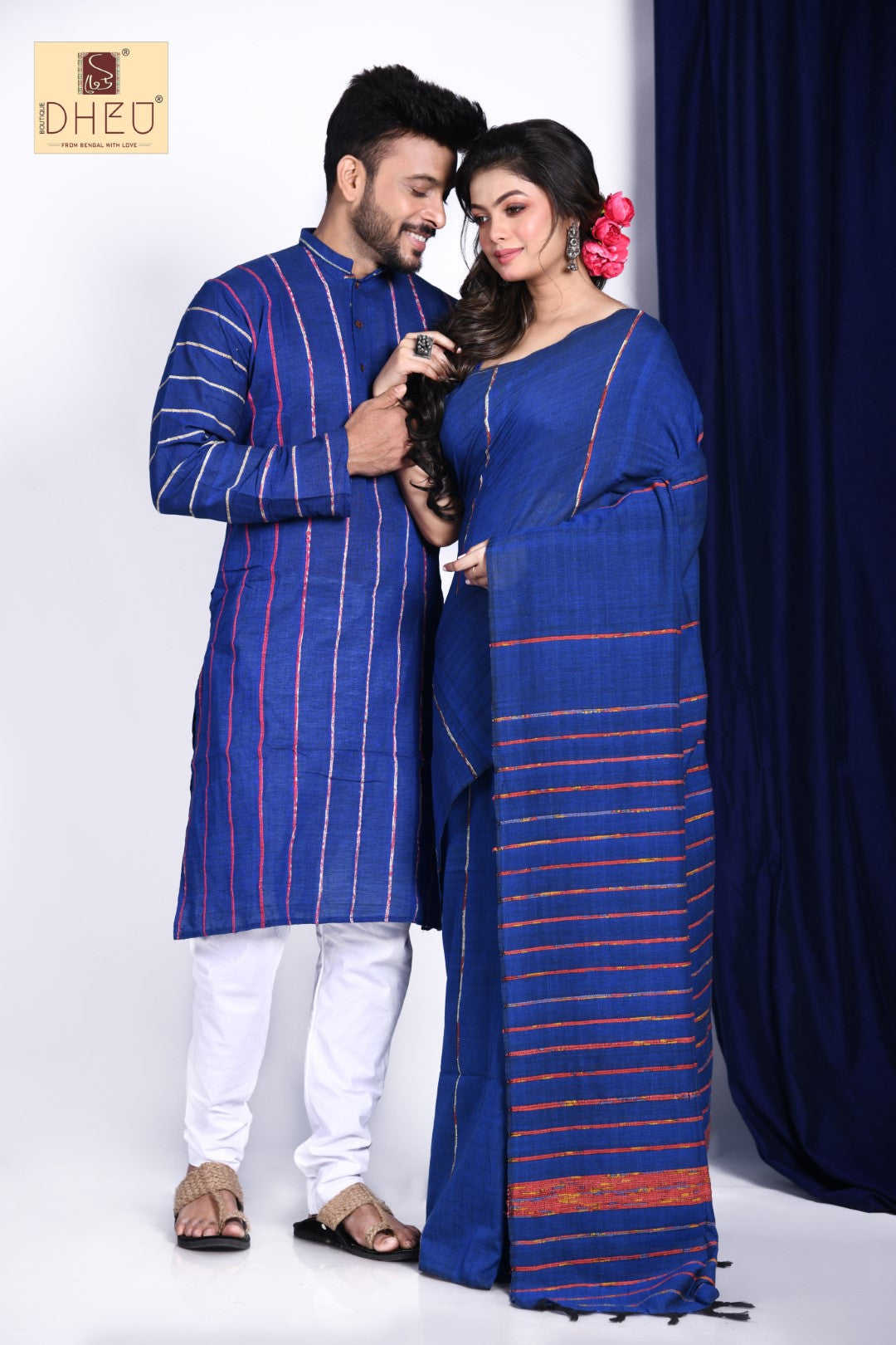 Periwinkle Blue- Khadi kurta-Saree Couple Set