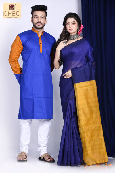 Tibetian Blue Poppy-Kurta-Saree Couple Set