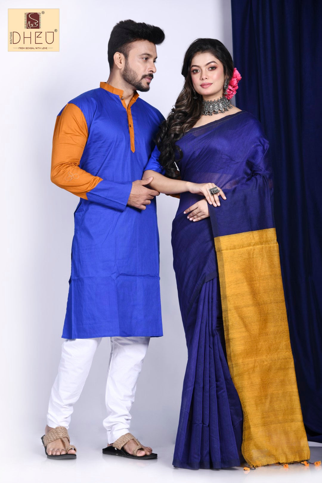 Tibetian Blue Poppy-Kurta-Saree Couple Set