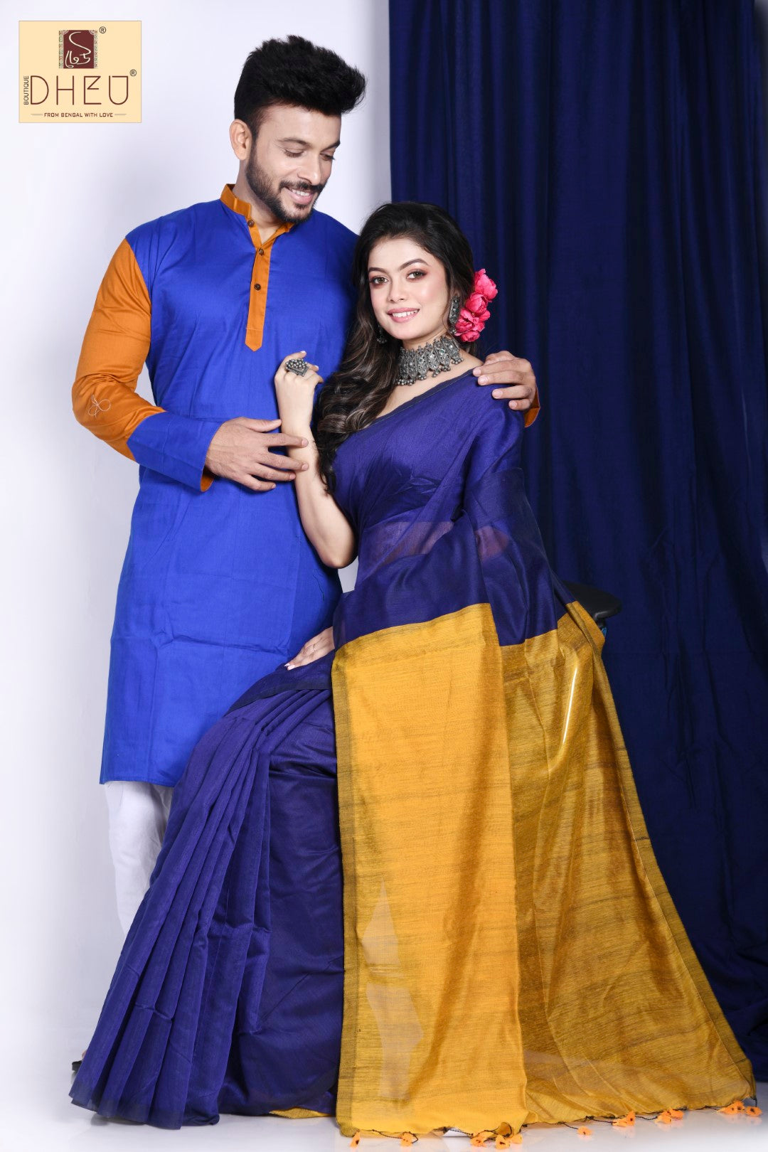 Tibetian Blue Poppy-Kurta-Saree Couple Set