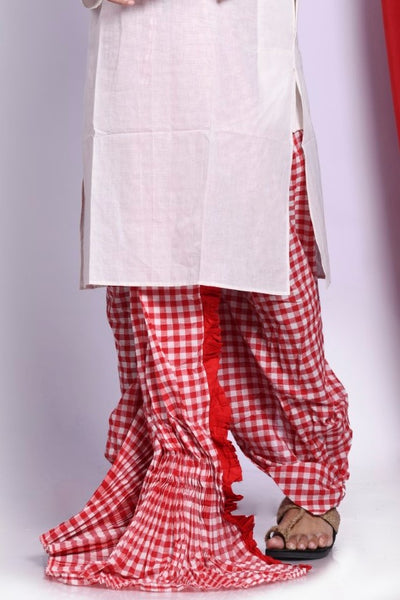 Red Cheks -Bengali Cotton Dhoti- Ready to wear