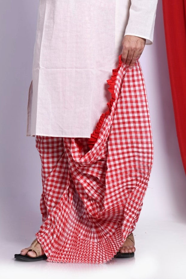 Red Cheks -Bengali Cotton Dhoti- Ready to wear
