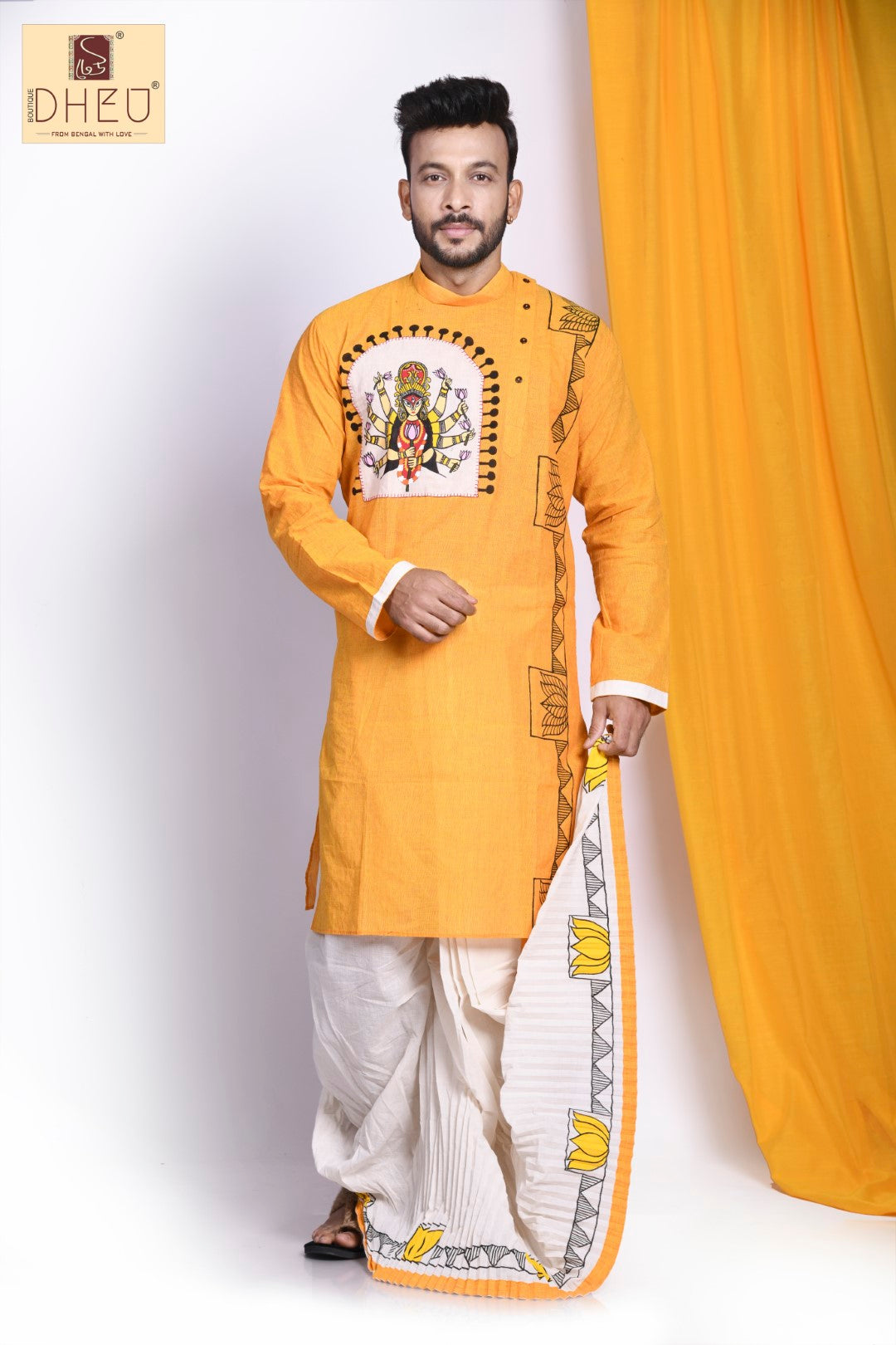 Yellow Punjabi Kurta Set Yellow Yoke Design Silk Blend Straight