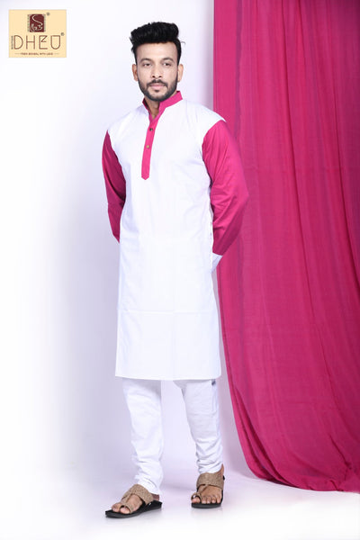 White-Pink Linen Saree-Kurta Couple Set