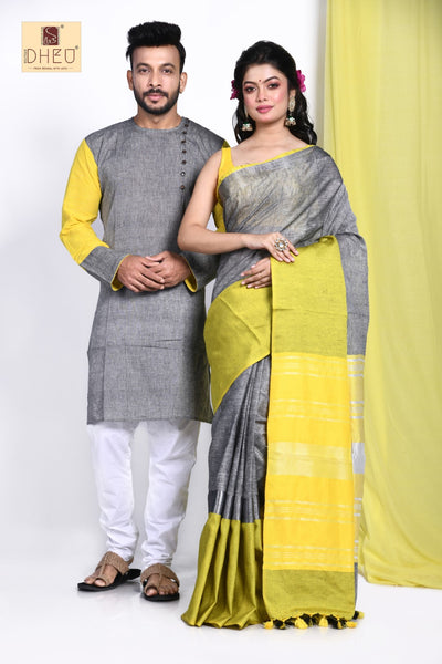 50 Shades of Grey Linen Saree-Kurta Couple Set