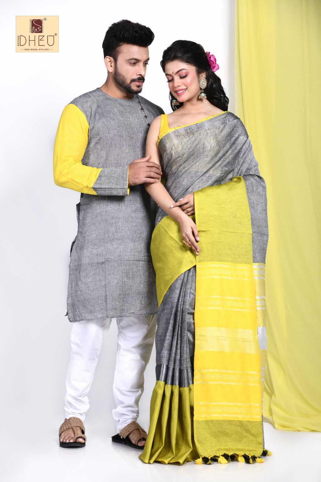 50 Shades of Grey Linen Saree-Kurta Couple Set