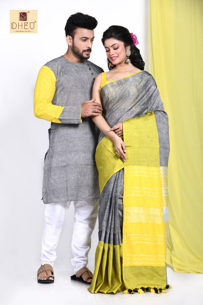 50 Shades of Grey Linen Saree-Kurta Couple Set