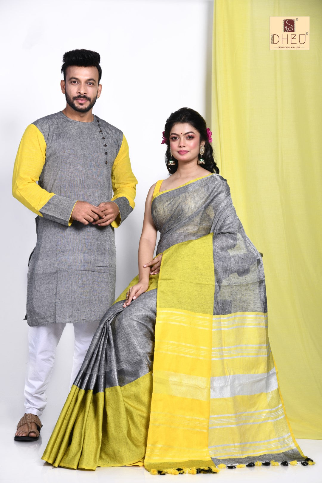 50 Shades of Grey Linen Saree-Kurta Couple Set