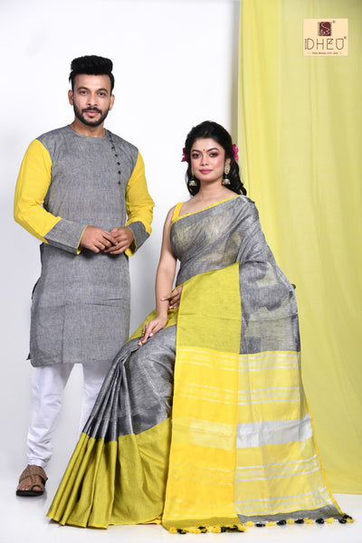 50 Shades of Grey Linen Saree-Kurta Couple Set