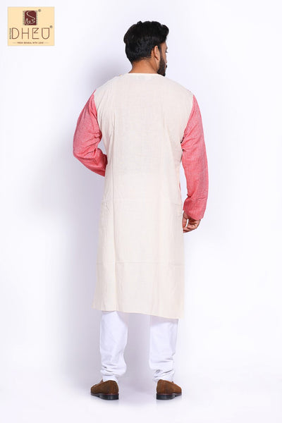 White-Rose pink Stripe Cotton  Kurta for Men