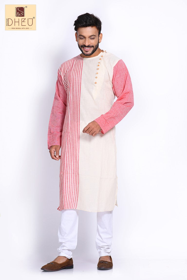 White-Rose pink Stripe Cotton  Kurta for Men