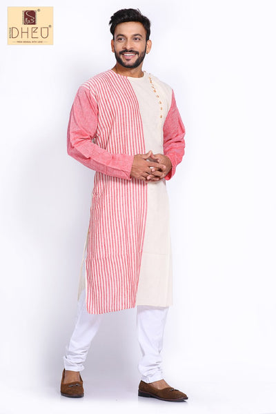White-Rose pink Stripe Cotton  Kurta for Men